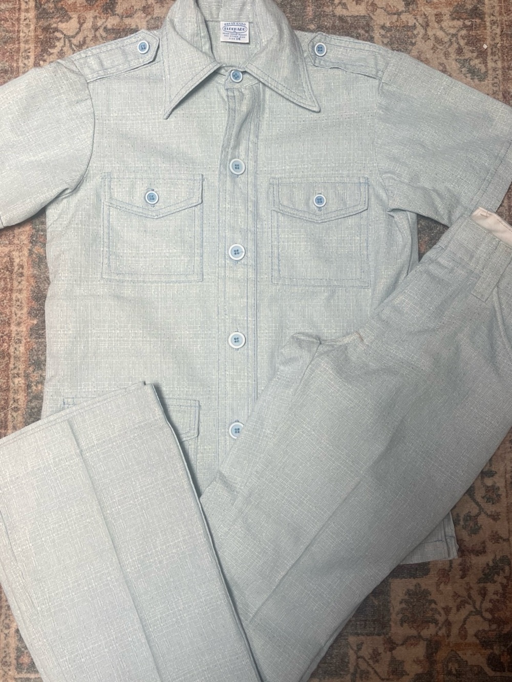 Vintage Light Blue Two-Piece Button Shirt & Pants Set